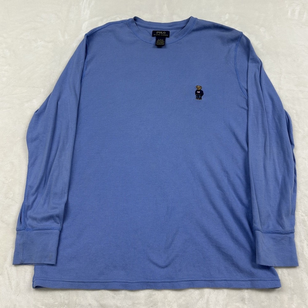 Polo Ralph Lauren Thermal Shirt Mens XL Blue Polo Bear Waffle Knit Long Sleeve